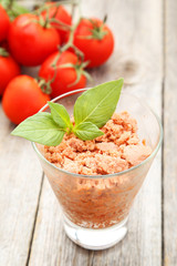 Glass with granita from fresh tomatoes 