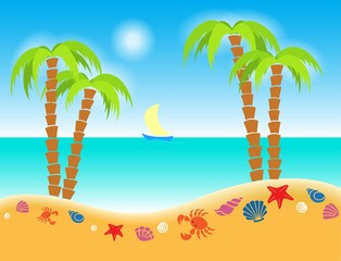  background seashore with icons of shells and palms 
