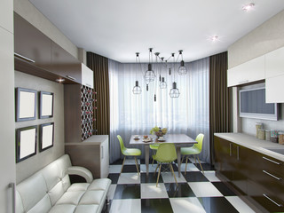 3d illustration of modern kitchen in brown and beige tones