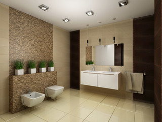 Fototapeta na wymiar 3D illustration of the bathroom in brown tones