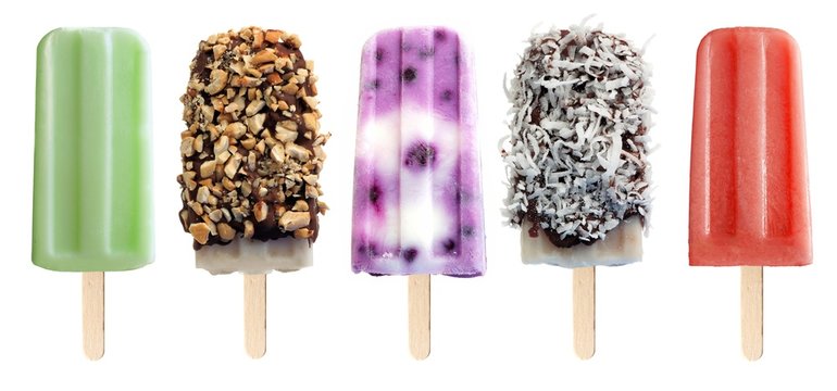 Variety of unique popsicle desserts isolated on white