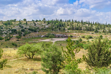 Fototapeta na wymiar Israel landscape, forest, mountains with cave in Israel. Modiin 