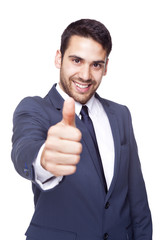Happy smiling businessman with thumb up, isolated on white backg