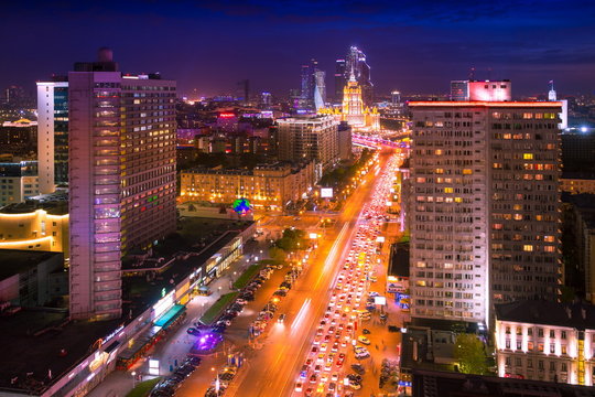 Noviy Arbat and Moscow City night aerial panorama