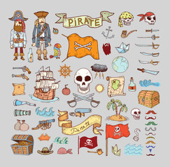  doodle pirate elememts, vector illustration.