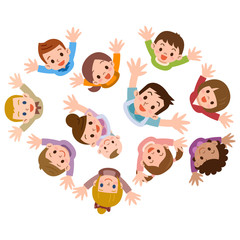 見上げる保育士と子供たち