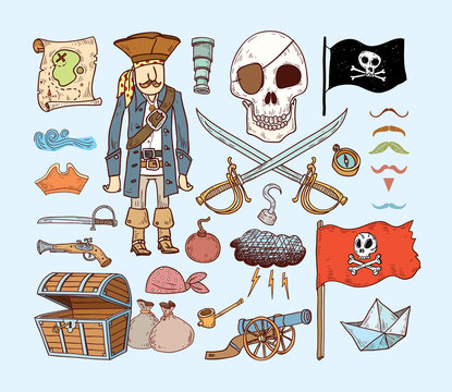  doodle pirate elememts, vector illustration.