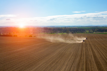 Aerial view of the sunset above the field