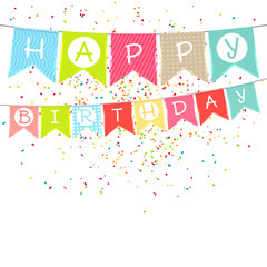 Hanging colorful flags with inscription: Happy birthday