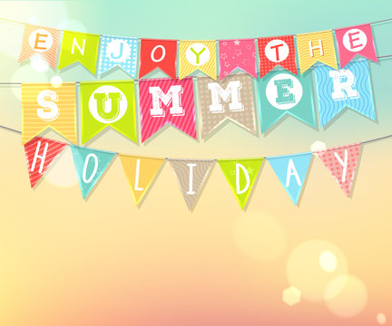 Hanging colorful flags with inscription: Enjoy the summer