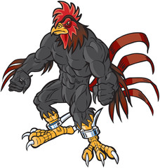 Muscular Cartoon Rooster Mascot Scowling