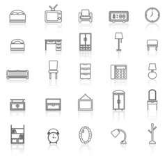 Bedroom line icons with reflect on white