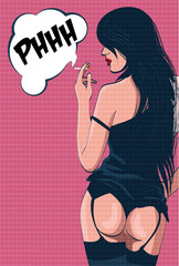 Young brunette girl in lingerie smoking a cigarette. Pop art