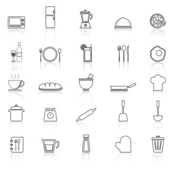 Kitchen line icons with reflect on white