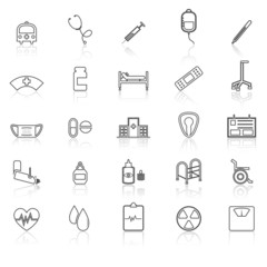 Hospital line icons with refelct on white