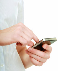 Mobile phone on hand, isolated on white background