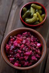 Russian vinaigrette made of beetroot, gherkins and other vegs