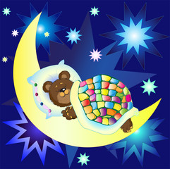 Bear sleeping on the Moon among bright stars against blue sky