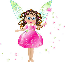 Pink flower fairy with magic wand and delicate openwork wings