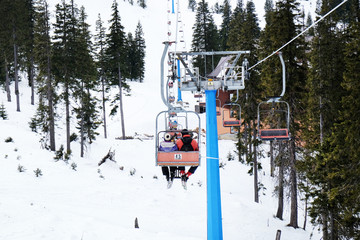 Cableway over mountains in wintertime
