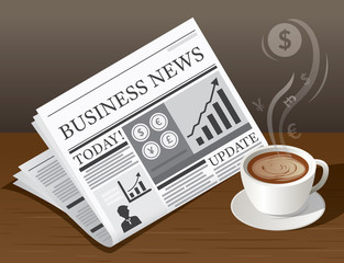 Coffee Cup, Business Newspaper and Money Currency symbols