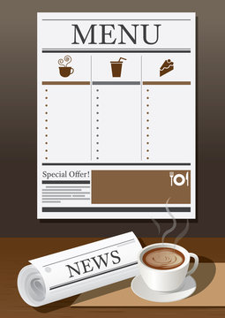 Coffee Cup, Newspaper and Menu