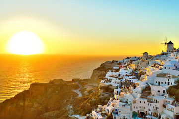 Gorgeous view of sunset in Oia village of Santorini