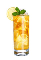 Glass Of Cold ice lemon tea Drink with mint isolated on white ba