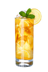 Glass Of Cold ice lemon tea Drink with mint isolated on white ba