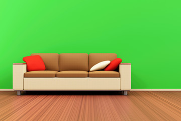 Modern Room Interior with Sofa near the Green Wall. 3D Rendering