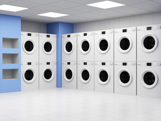 Modern Laundry 3D Interior with Washing Machines. 3D Rendering