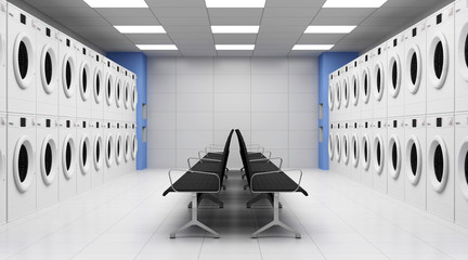 Modern Laundry 3D Interior with Washing Machines and Seats. 3D Rendering