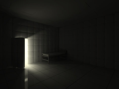 Mental Hospital Room Interior with Opened Door at Night. 3D Rendering