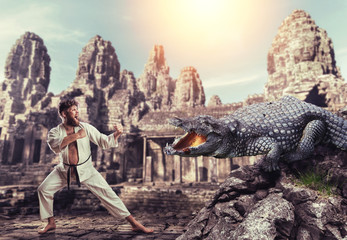 Karateka fights with crocodile