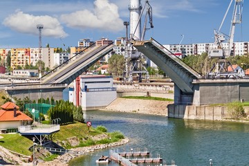 Open bascule bridge in Slovakia city Komarno.