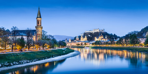 Historic city of Salzburg at dusk, Salzburger Land, Austria