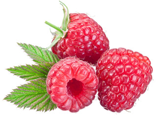 Three raspberries with leaves isolated on a white.