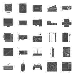 Computer components and peripherals silhouettes icons set