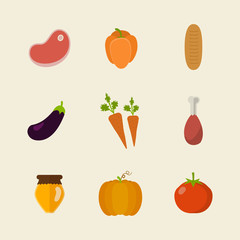 Flat design colored vector illustration of food, vegetables and