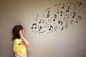 cute girl listen to music notes next to textured background
