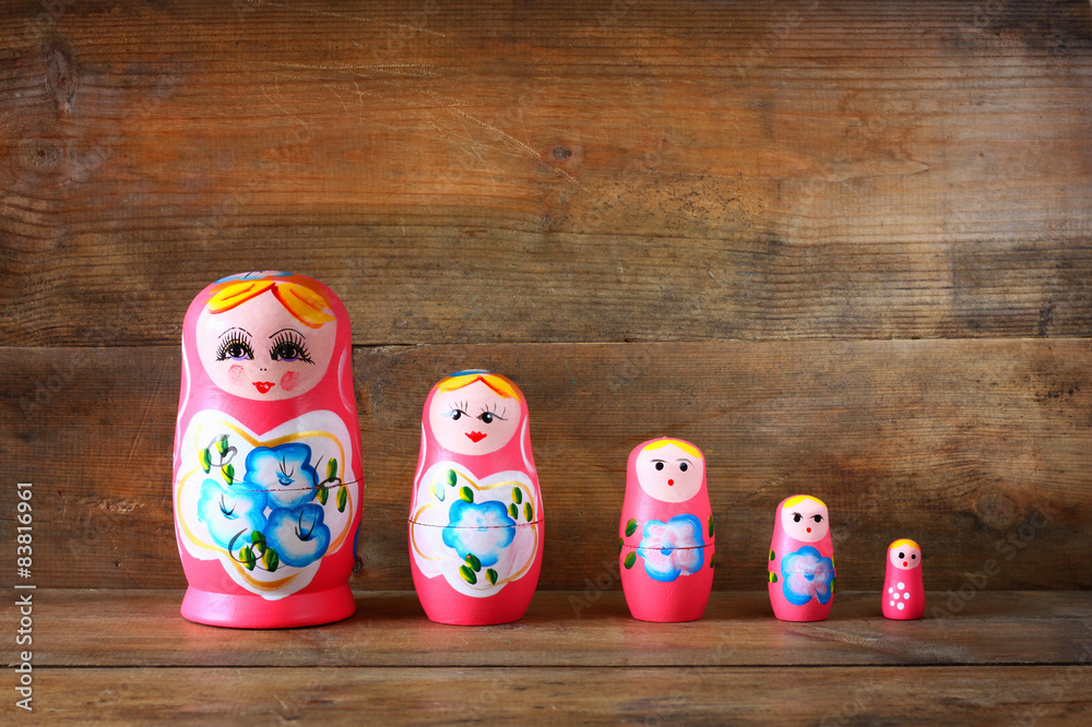 Wall mural set of matrioshka dolls. retro filter