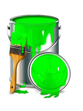 Farbtopf mit gr&uuml;ner Farbe und Pinsel, freigestellt