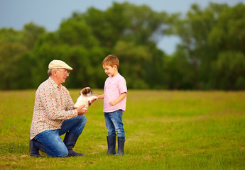 grandpa presenting little puppy to excited grandson