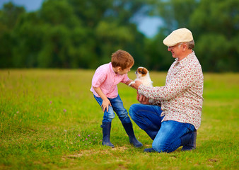 grandpa presenting little puppy to grandson, playing with dog
