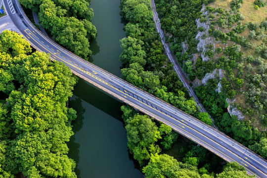 Aerial view of the bridge and the road over the river Pinios in