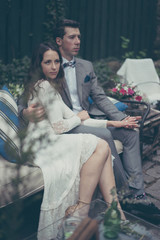 Bride and groom in vintage pastel colors