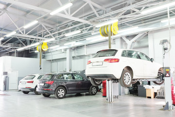 Cars in a dealer repair station in Moscow, Russia