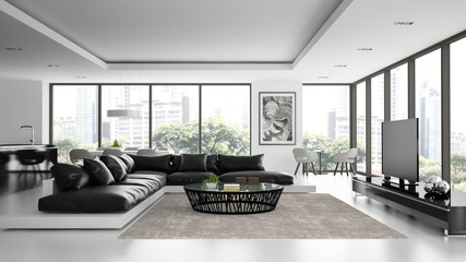 Interior of the modern design  loft with black sofa  3D renderin