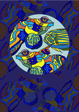 открытка с фоном из ярких экзотических аквариумных рыбок