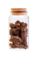Galangal root in a bottle with cork stopper for medical use.